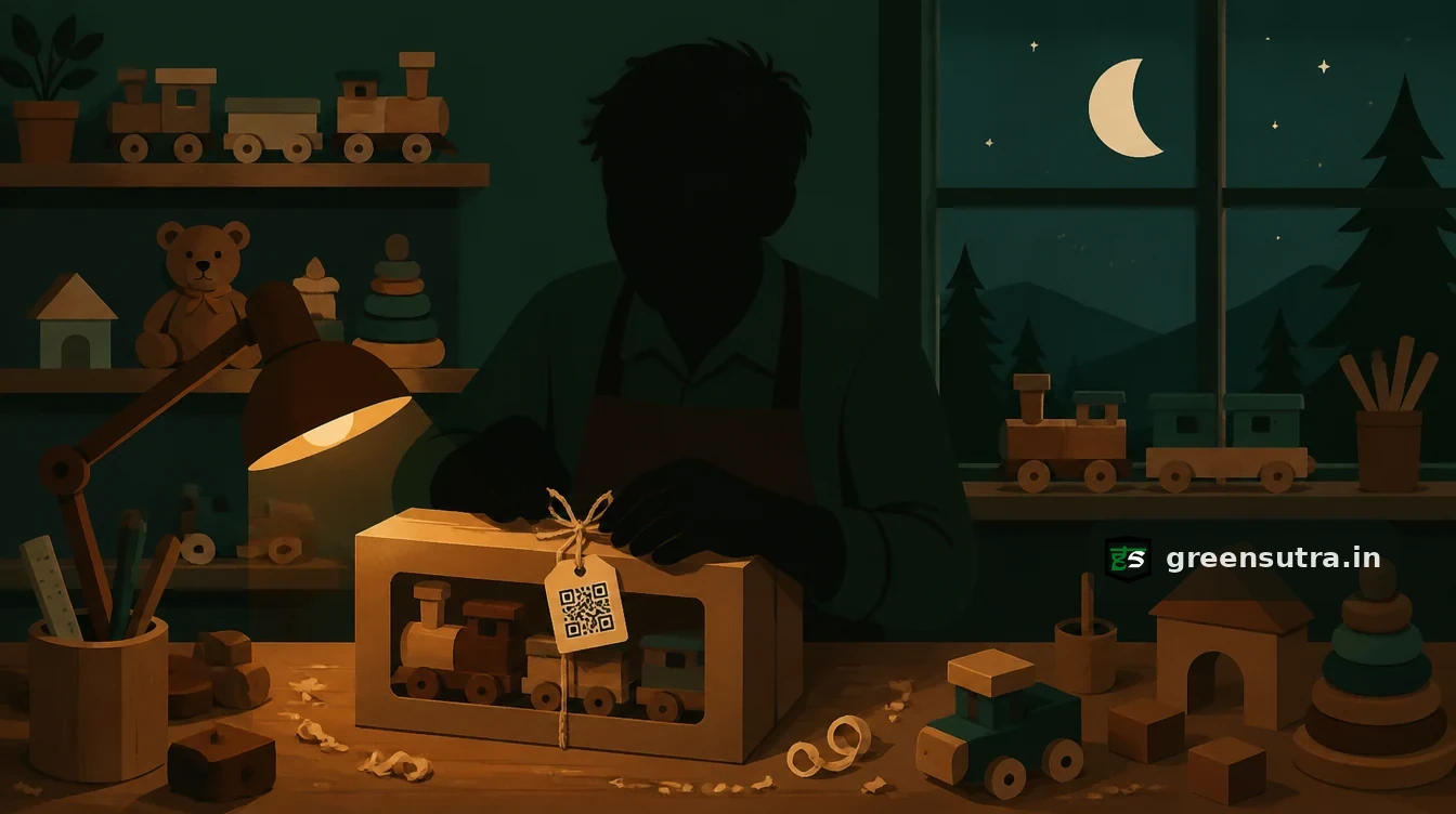 Toy Digital Product Passport: a craftsperson ties a QR code tag to a wooden train set box among shelves of toys